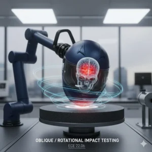 Illustration of a motorbike helmet undergoing oblique impact testing to measure rotational brain injury protection.