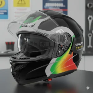 A diagram highlighting the impact protection zones of a SHARP-rated motorcycle helmet with a built-in sun visor.