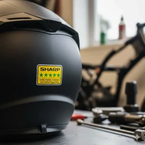 A quiet full-face helmet featuring the UK Government’s SHARP safety rating sticker on the rear.