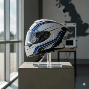 Side view of a Shoei NXR2, a popular lightweight motorcycle helmet in the UK known for its superior aerodynamics and compact shell.