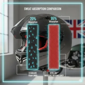 A comparison chart showing the sweat absorption rates of standard foam versus advanced moisture-wicking helmet liners.