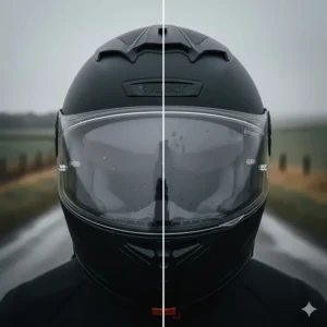 Side-by-side comparison of a standard visor fogging up versus a Pinlock ready helmet staying clear in mist.