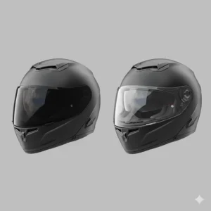 Side-by-side comparison of a dark tinted external visor versus a clear visor with an internal drop-down sun shield.