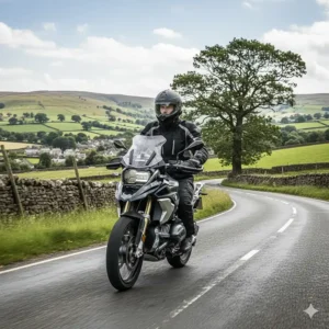 Alt text for image 4: A touring motorcyclist riding a BMW GS on a winding British country road wearing a matte black flip-front helmet in the full-face position.