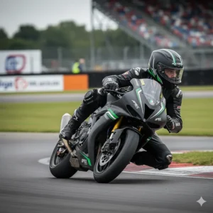 A motorbike rider at a UK circuit wearing an ACU approved helmet for a competitive track day.