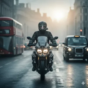 A motorcycle commuter riding through a foggy London street with red double-decker buses, demonstrating the visibility of an anti-fog helmet.