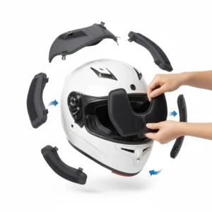 An exploded view of a motorcycle helmet showing different thickness cheek pads for a custom fit.