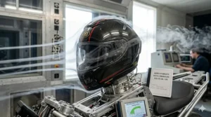 Graphic showing aerodynamic airflow over a premium helmet to reduce buffeting at motorway speeds.