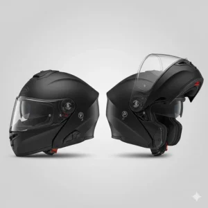 Aerodynamic profile of a touring helmet designed to reduce wind buffeting and neck fatigue at UK motorway speeds.
