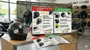A visual guide comparing affordable full-face and modular flip-up motorcycle helmets that have achieved the maximum 5-star SHARP safety rating for UK road use.