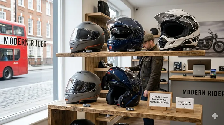 A selection of ECE 22.06 certified motorcycle helmets priced under £200 displayed in a British showroom. ECE 22.06 helmet under £200