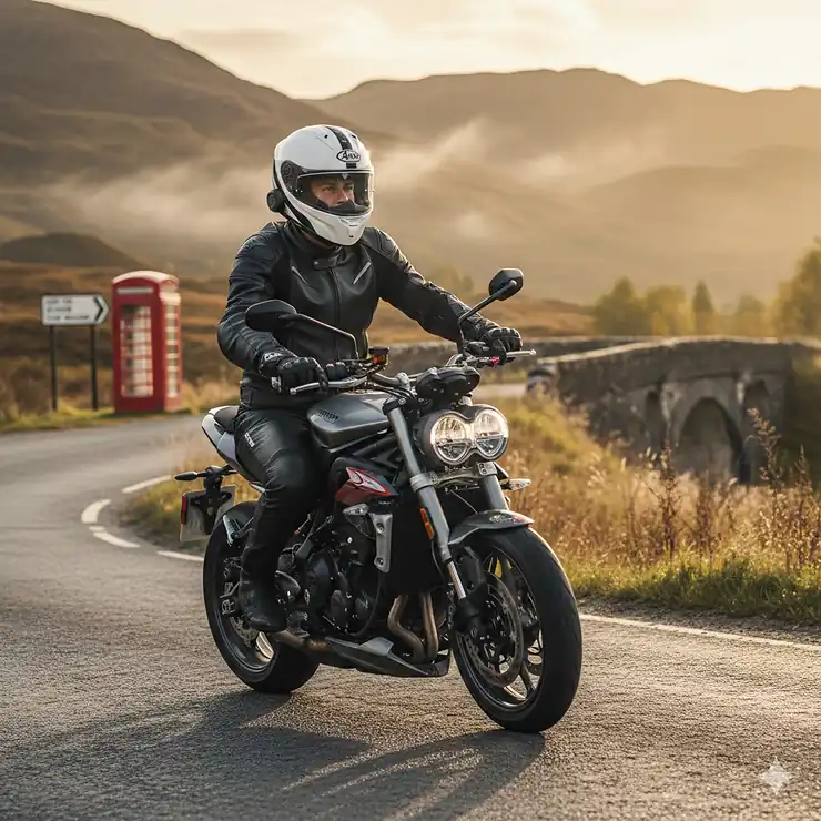 A motorcyclist wearing a premium full-face motorcycle helmet with built-in Bluetooth intercom, riding on a scenic UK country road. motorcycle helmets with built in Bluetooth