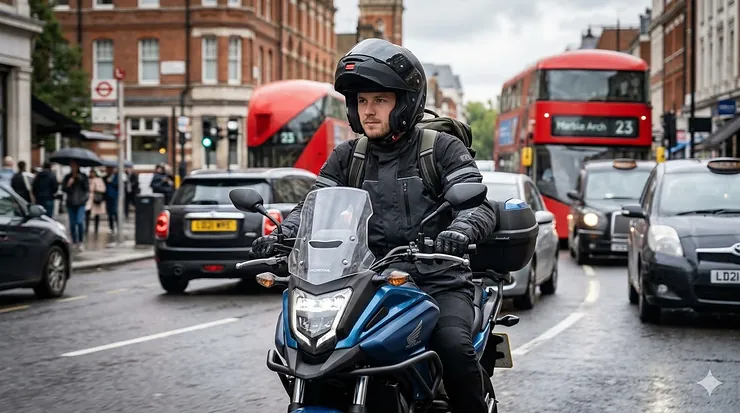 Alt text for image 1: A motorcyclist commuting through London traffic wearing a matte black full-face helmet with an integrated sun visor and Pinlock anti-fog insert. motorcycle helmets for commuting