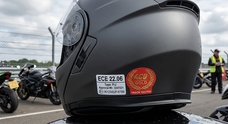 A premium modular motorcycle helmet with a Pinlock insert and drop-down sun visor resting on a touring bike in the British countryside. motorcycle helmets for touring