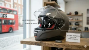 An internal drop-down sun visor feature on an ECE 22.06 helmet priced under £200.