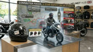 A digital overlay showing a motorcyclist commuting through London, highlighting the importance of wearing an affordable 5-star SHARP helmet for urban road safety.