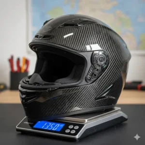 A lightweight carbon-fibre motorcycle helmet being weighed, highlighting comfort for long summer rides.