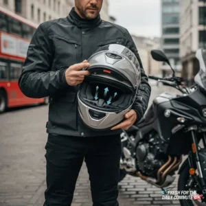 A British commuter rider holding a flip-front helmet, highlighting the liner for daily freshness.
