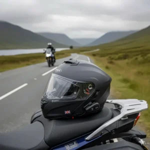 A P/J approved modular flip-front helmet shown in both open and closed positions for legal use while riding.