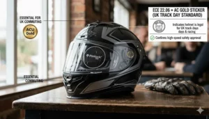 A visual representation of an ECE 22.06 certified helmet featuring an ACU Gold sticker, confirming it is approved for use on UK race circuits and track days.