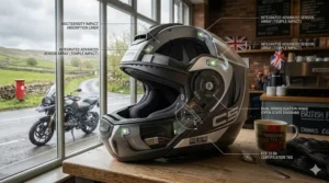 Technical diagram illustrating the rigorous 22.06 impact testing points on a modular helmet shell for enhanced rider safety.