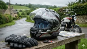 Close-up showing an integrated Bluetooth intercom system, engineered to maintain the structural integrity and ECE 22.06 rating of the helmet shell.