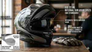 A diagram showing the safety specifications for an internal sun visor within a helmet, ensuring that both the primary and secondary visors remain optically correct and shatter-resistant.