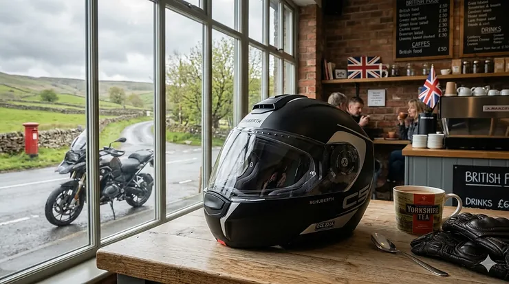 A premium ECE 22.06 certified modular motorbike helmet shown in a flipped-up position, featuring a Pinlock-ready visor and sleek aerodynamic design against a natural British coastal backdrop. ECE 22.06 modular helmets