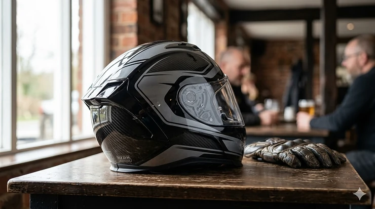 A high-resolution photograph of a modern motorcycle helmet with the official ECE 22.06 safety certification label clearly visible, set against a backdrop of a typical British roadside. ECE 22.06 motorcycle helmets