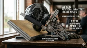 A detailed illustration showing a motorcycle helmet undergoing a rotational acceleration test on a professional rig to evaluate protection against brain injury during oblique impacts.