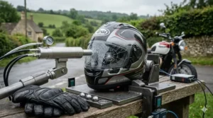 A close-up of a helmet visor undergoing high-speed particle resistance testing to ensure compliance with UK road safety standards.