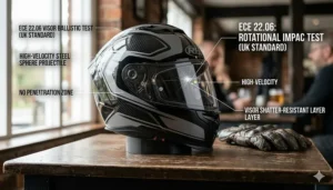 An illustration showing a motorcycle helmet visor sustaining a high-velocity projectile impact, demonstrating its shatter-resistance and structural integrity under rigorous ECE 22.06 testing.