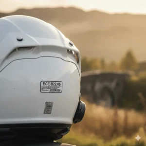 Close-up of the ECE 22.06 safety rating label on the back of a motorcycle helmet with integrated Bluetooth.