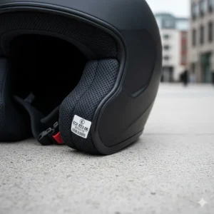 A motorcycle helmet showing the ECE 22.06 safety sticker near the removable neck roll.