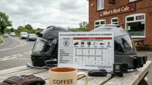 An open test report booklet on a wooden table detailing accessory compatibility testing and approved item matrix for ECE 22.06 and 22.05, positioned between two comparison helmets, with actual accessories nearby.