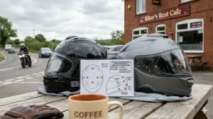 A detailed diagram chart on a wooden table, detailing the difference in mandatory impact test points between the older ECE 22.05 standard and the new, more comprehensive ECE 22.06 regulation.