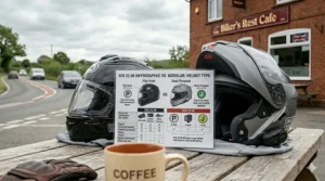 An open test report booklet on a wooden table detailing ECE 22.06 and 22.05 dual P/J homologation testing for modular and flip-front helmets, positioned between two comparison helmets.