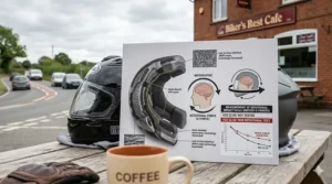 A detailed cross-section diagram card on a wooden table, illustrating how the ECE 22.06 standard measures and mitigates rotational brain injury forces compared to the older ECE 22.05 regulations.