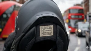 Alt text for image 4: Detailed view of a motorcycle helmet visor fitted with a Pinlock anti-fog insert to maintain clear vision during a damp British commute.