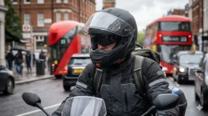 Alt text for image 2: A rider on a motorcycle in a city setting wearing a modular flip-front helmet in the open position, showing its versatility for urban commuting.