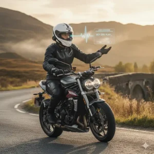 Conceptual illustration of a rider using hands-free voice commands via a Bluetooth-enabled motorbike lid.