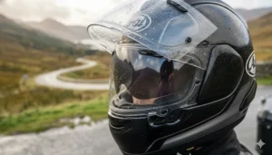 A motorcycle helmet with the internal drop-down sun visor engaged, providing essential eye protection against low winter sun glare on a rural British road.