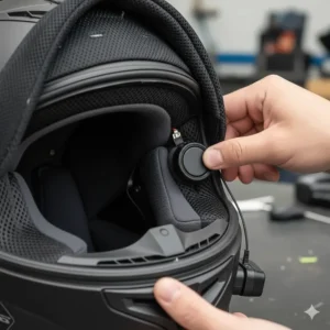 The interior of a helmet with the liner pulled back to reveal integrated speaker pockets for a Bluetooth intercom.