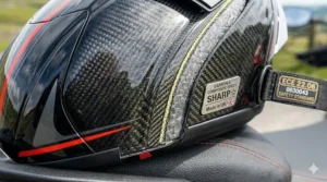 Detailed view of the lightweight carbon fibre shell construction on a luxury helmet over £400.