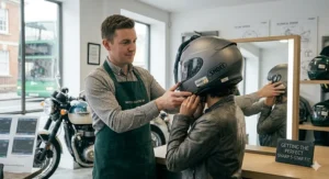 Illustration demonstrating a correct, snug fit for a SHARP 5-star rated helmet to ensure optimum protection on UK roads.