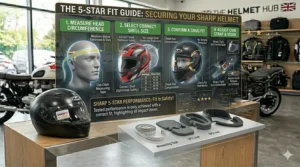 A step-by-step guide for British motorcyclists on how to measure head circumference and check for a snug fit to ensure a 5-star SHARP helmet performs correctly.