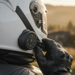 Side view of a motorbike helmet showing the sleek, built-in Bluetooth control buttons for easy use with winter gloves.