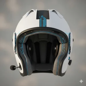 Cross-section diagram showing the recessed ear pockets for speakers and the noise-cancelling microphone inside a Bluetooth crash helmet.