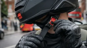 Alt text for image 7: The rear view of a motorcycle helmet in urban traffic, showing integrated reflective patches for increased visibility during low-light commutes.