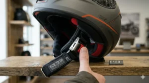 A secure micrometric ratchet fastener on a budget-friendly ECE 22.06 motorcycle helmet.